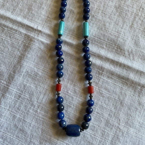 𝅺sterling SILVER 925 LAPIS LAZULI/RED CORAL/Turquose silver beds NECKLACE​​ - Picture 11 of 13